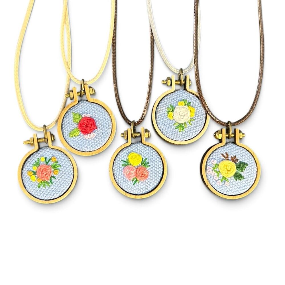 Bundle 5x Handmade Embroidery Hoop Mini Charm Necklaces